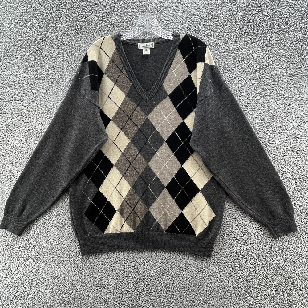 LL Bean Sweater Mens Large Tall Gray Lambswool Argyle V Neck Pullover Scotland
